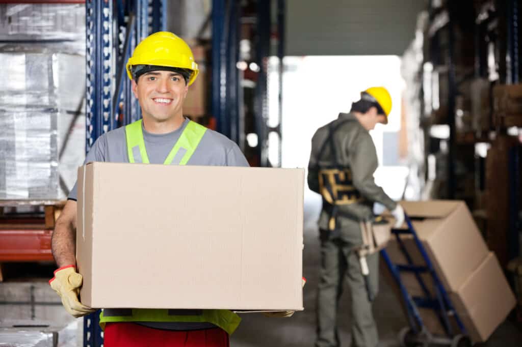 Portrait of happy mid adult foreman with cardboard box and coworker pushing handtruck at warehouse