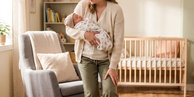 mother holding her baby, experiencing postpartum joint pain