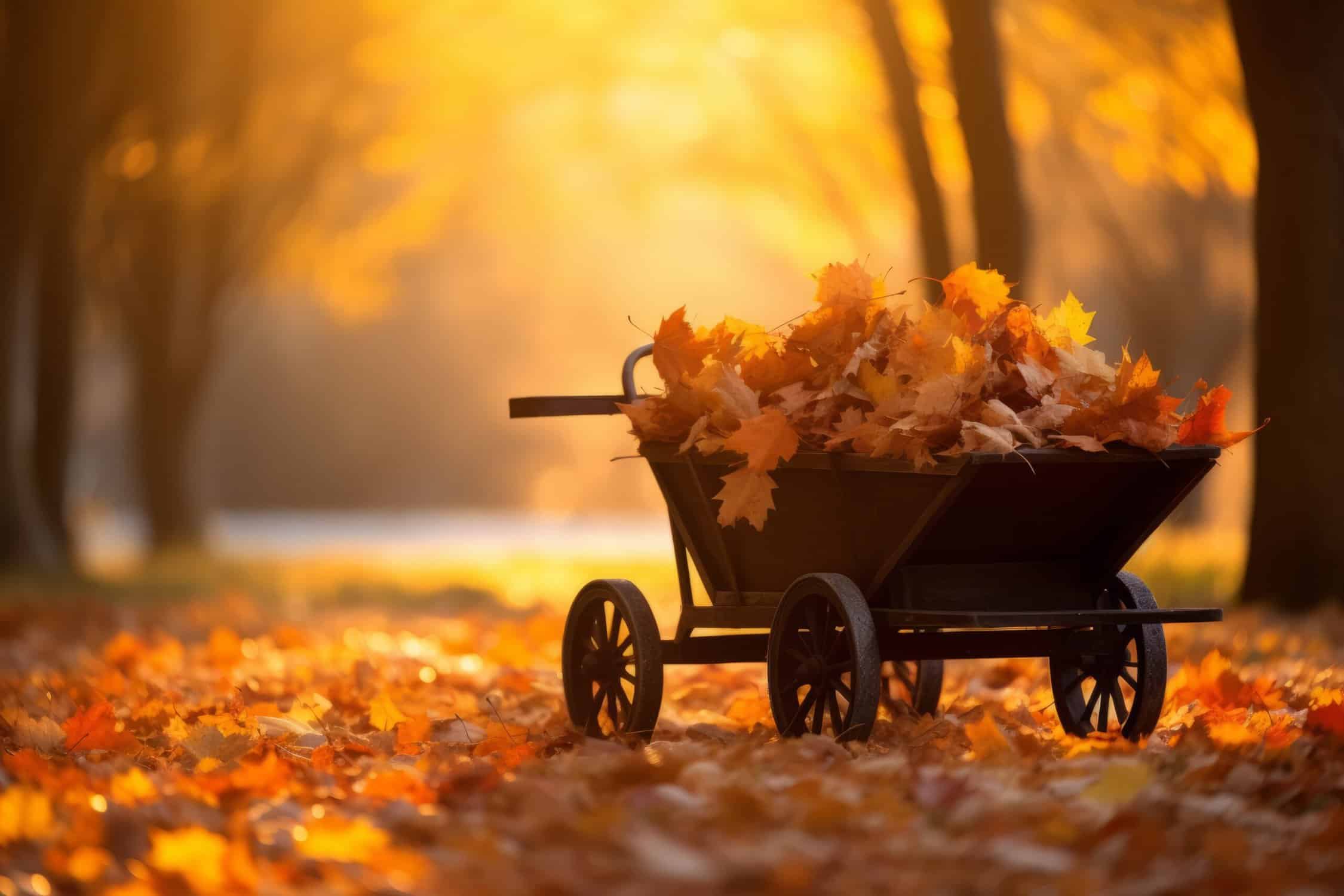 Wheelbarrow  filled with leaves after raking leaves