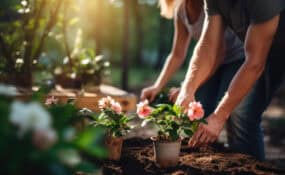 a man and woman planting flowers in a pot avoiding back pain gardening