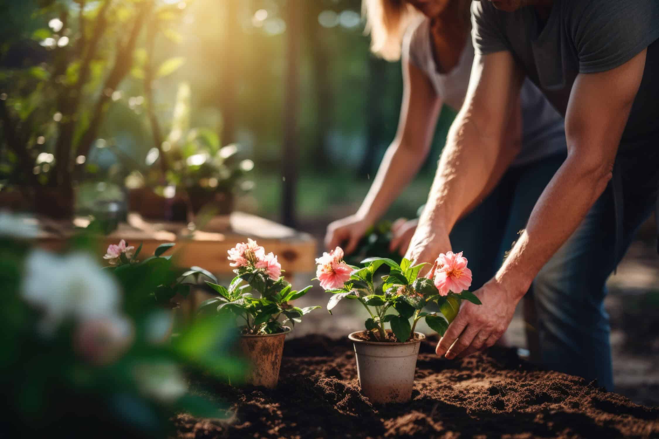 a man and woman planting flowers in a pot avoiding back pain gardening