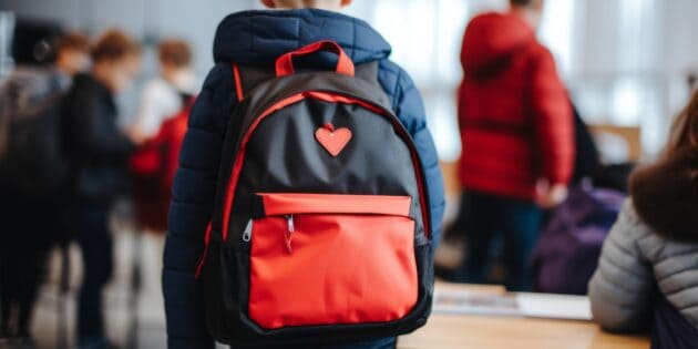 red and black child's backpack at school