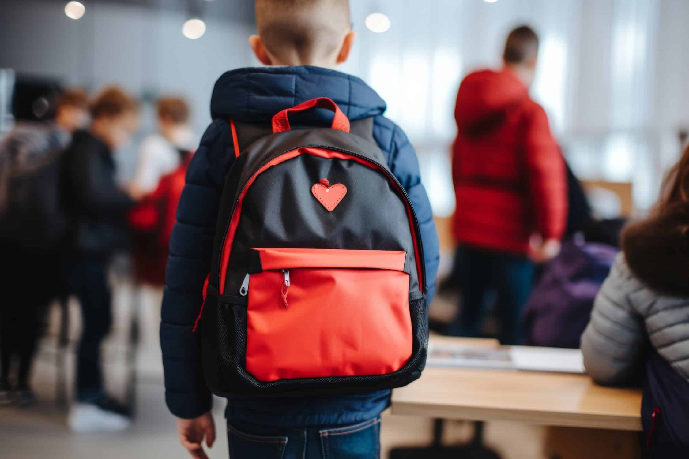 red and black child's backpack at school