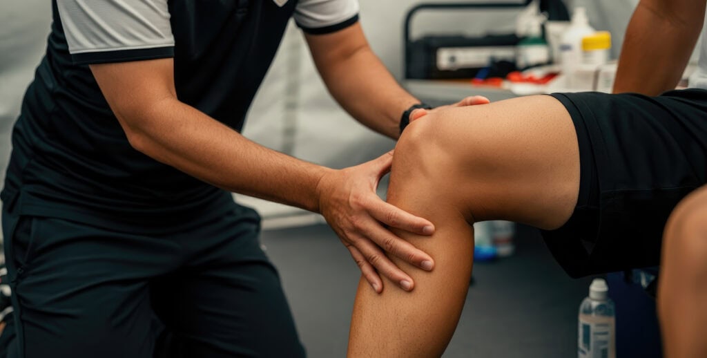 Physical therapist guiding athlete through ACL reconstruction rehabilitation at Intecore Physical Therapy Southern California