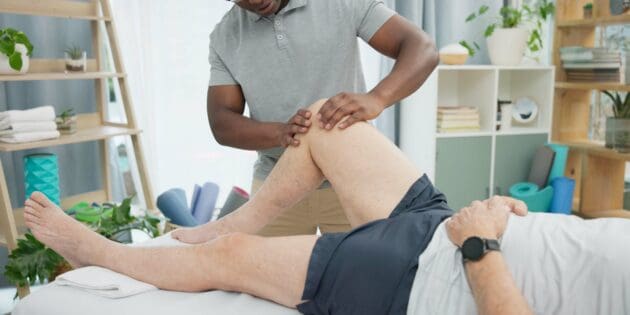 Physical therapist helping patient with knee replacement recovery exercises at Intecore Physical Therapy in Southern California