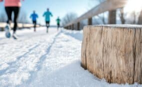 a group of people running in the snow