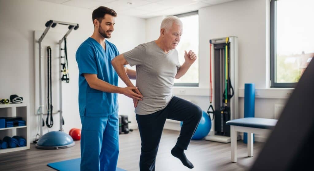 hysical therapist helping patient with hip replacement rehabilitation at Intecore Physical Therapy Southern California