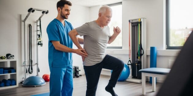 hysical therapist helping patient with hip replacement rehabilitation at Intecore Physical Therapy Southern California